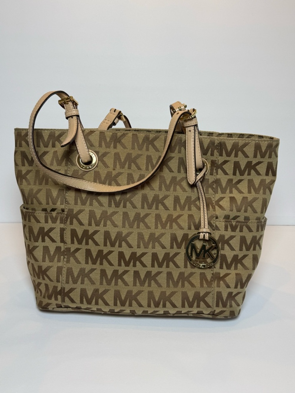 Michael Kors Jet Set Signature MK Logo Tote Bag Beige Gold Large